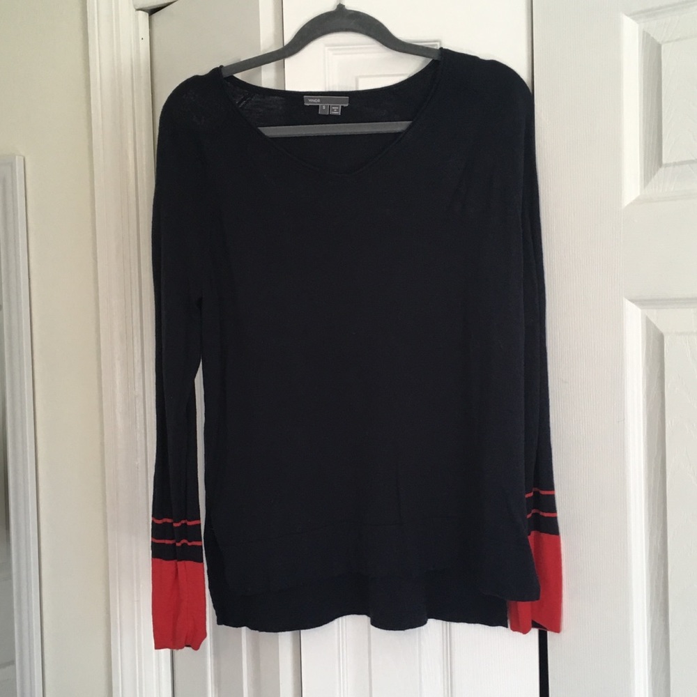 Vince blue sweater with red striped arms